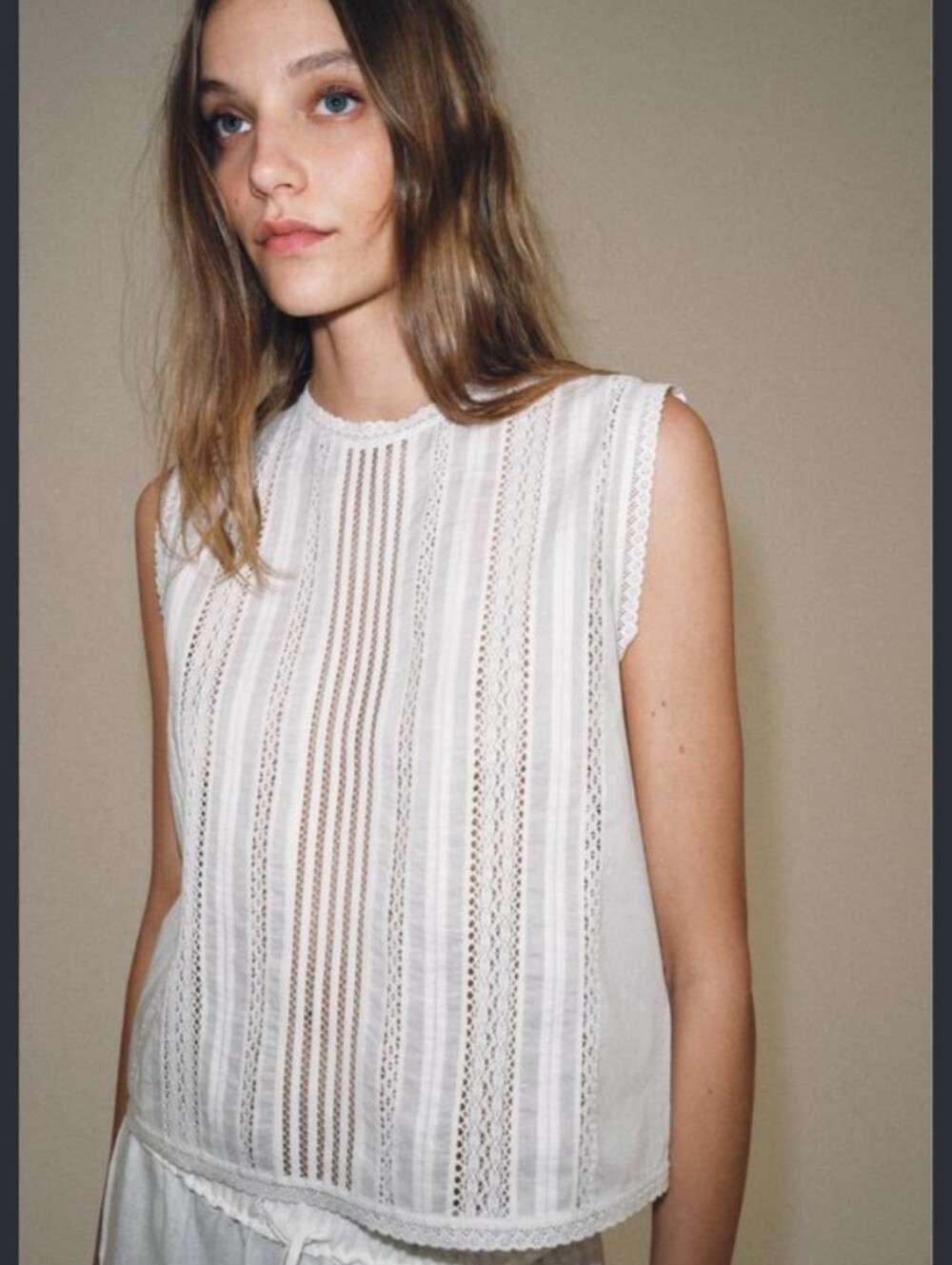 Zara White Sleeveless Lace-Trim Sheer Panel Camisole